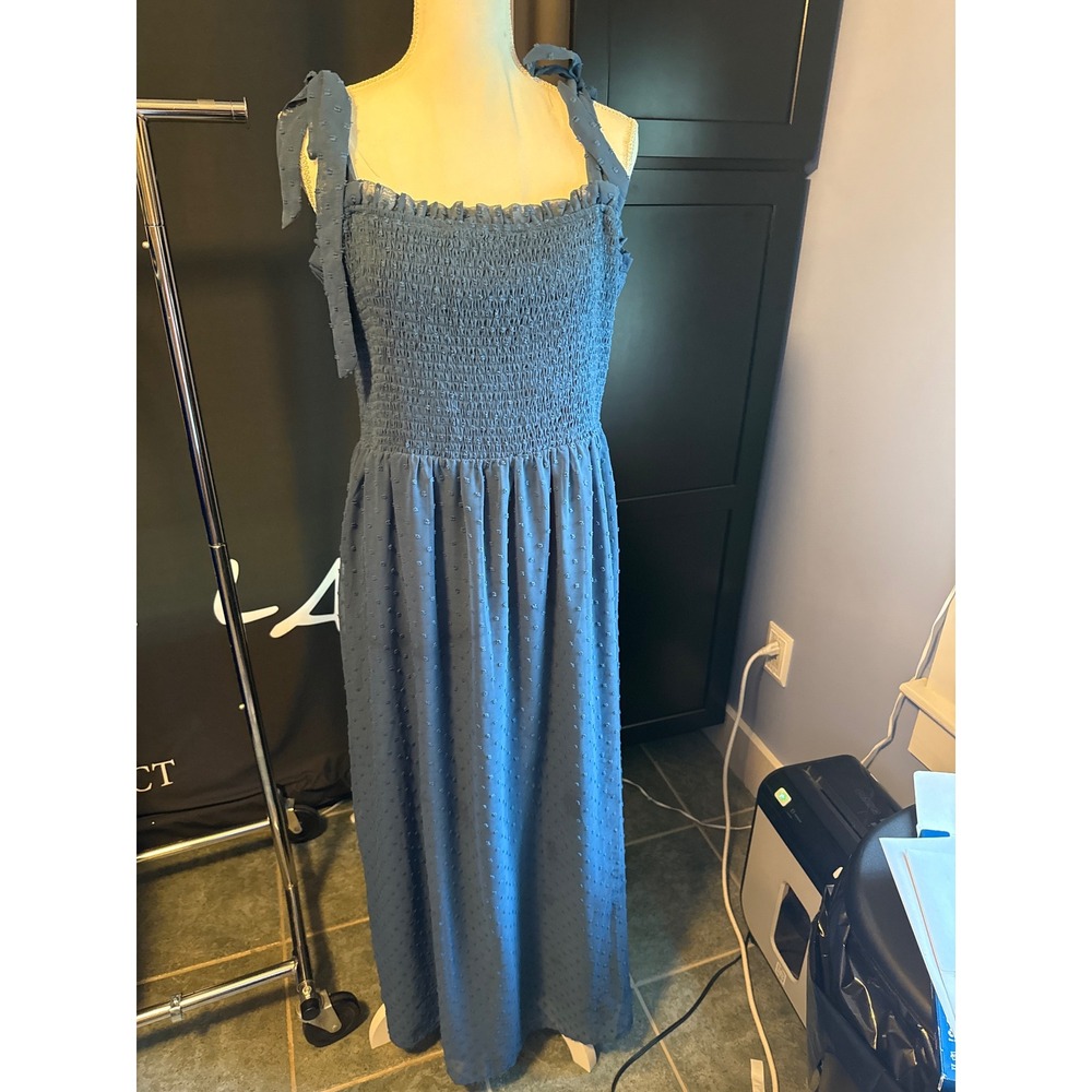 Annebouti Womens XL Blue Swiss Dot Smocked Tie Shoulder Ruffle Maxi Dress NEW